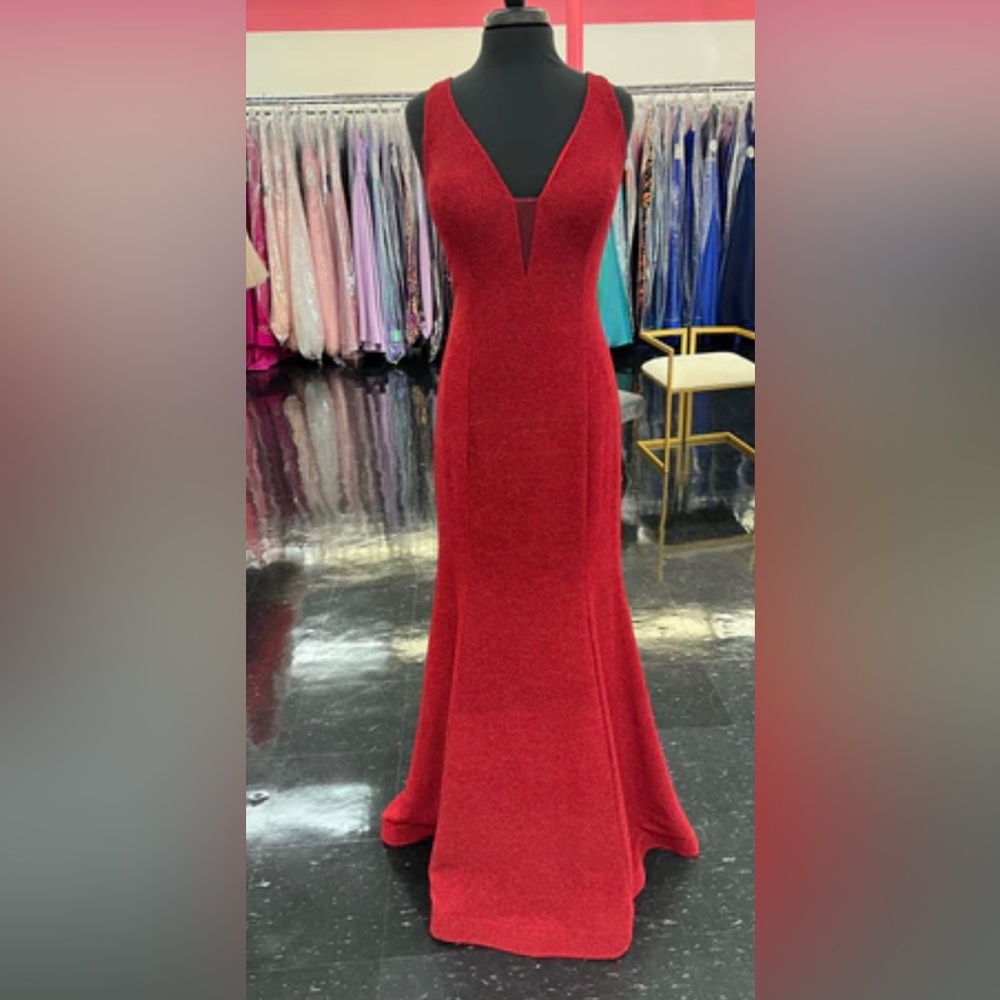 Women’s size 10, Jolene red sparkling, long, fitted gown, fit & flare silhouette